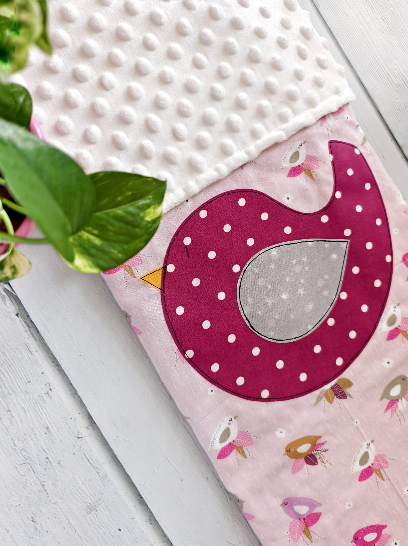 Copertina in cotone e minky pile - Uccellino